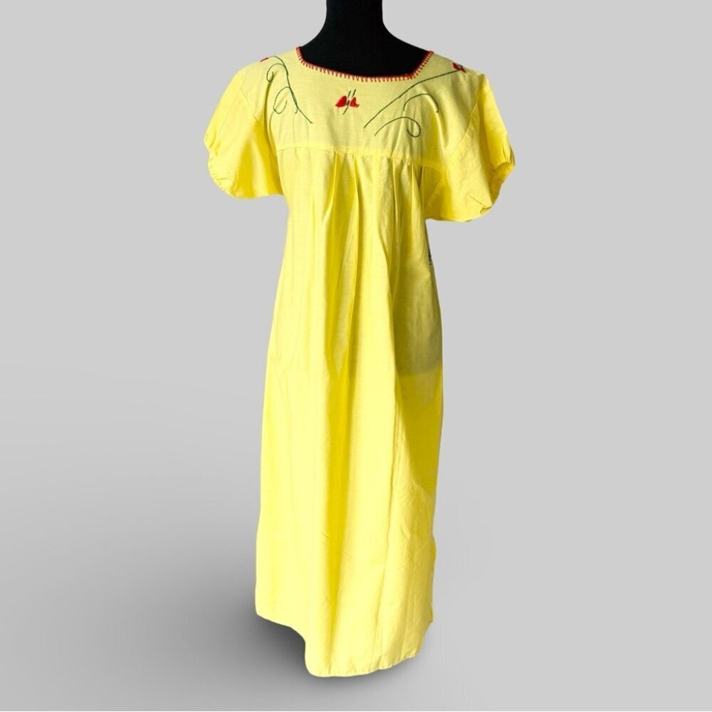 Vintage Handmade 70s Mexican Embroidered Midi Dress Peasant Style - Picture 3 of 14
